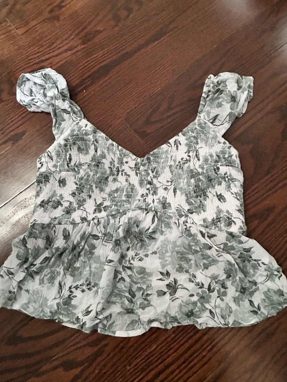 Hollister White and Green Floral Smocked Camisole
